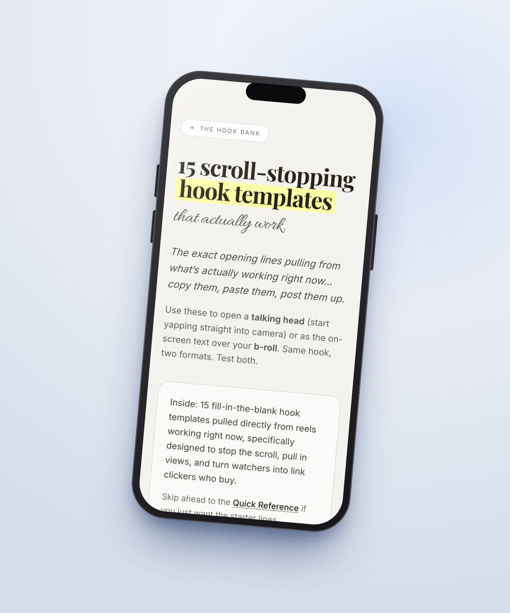 Phone showing the Hook Bank page: 15 scroll-stopping hook templates