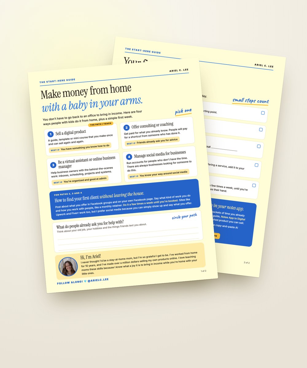 Two pages of the free guide Make Money From Home with a Baby in Your Arms, laid on a table