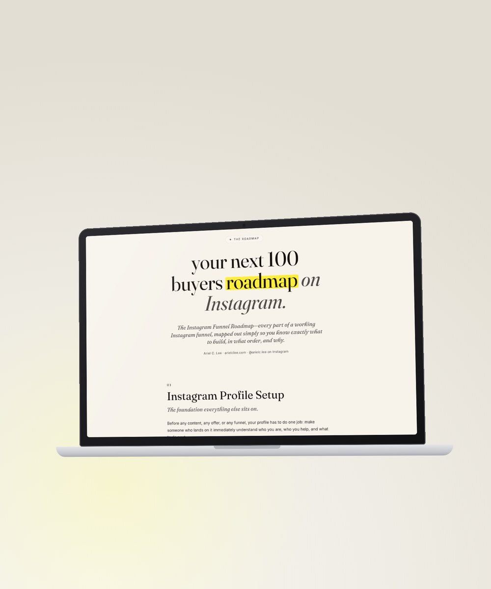 Laptop showing the roadmap page: your next 100 buyers on Instagram